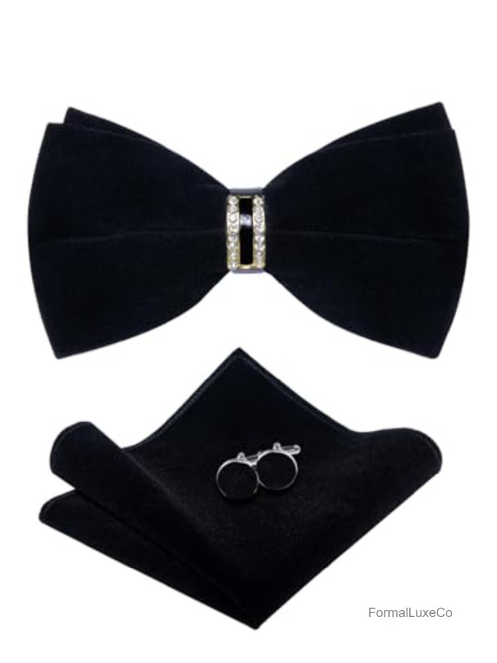 Mens Solid Velvet Pre-Tied Bow Tie Set with Ring, Black